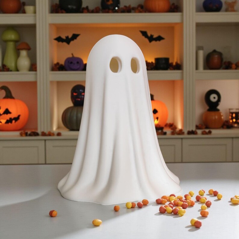 May include: A white ghost-shaped Halloween decoration with two eye holes. The ghost is on a table with scattered candy corn. The background includes pumpkins, bats, and shelves with Halloween decor.