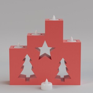 May include: A red wooden Christmas candle holder with cut-out star and tree shapes. The holder has four small candles and one separate candle in front. A festive holiday decoration.