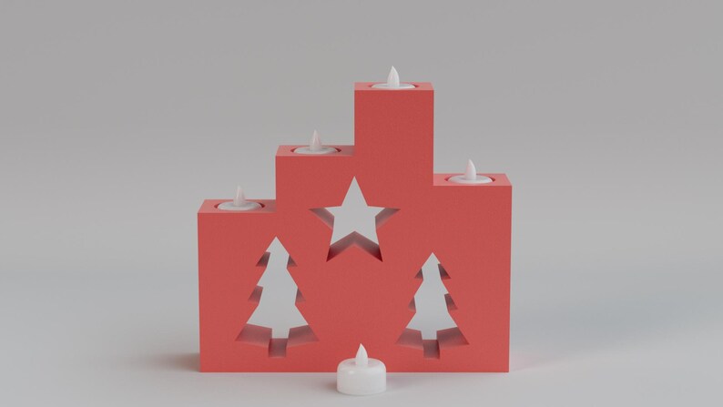 May include: A red wooden Christmas candle holder with cut-out star and tree shapes. The holder has four small candles and one separate candle in front. A festive holiday decoration.