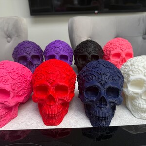 May include: A collection of decorative skull figurines in various colors, including pink, red, purple, black, blue, and white. Each skull features intricate floral patterns and detailed facial features, suitable for home decor.