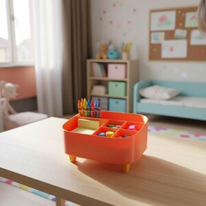 May include: An orange plastic desk organizer with yellow legs, filled with crayons, sticky notes, and small colorful objects. The organizer sits on a light-colored wooden table in a child's room. The room has a bed, shelves, and a window.