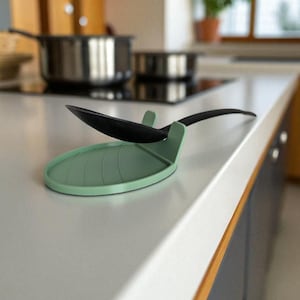 May include: A light green silicone spoon rest with a black spoon resting on it. The spoon rest is oval-shaped with a ridged design. Kitchenware is visible in the background, including a pot and a pan on a stovetop.