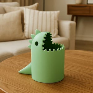May include: A light green dinosaur-shaped container with a wide open mouth and a small tail. The container is cylindrical with a jagged edge around the opening. The dinosaur has a small hole on the side.