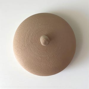 May include: A beige-colored, circular object with a central, raised, nipple-like protrusion. The surface of the object has a textured, concentric-circle pattern. The object is set against a plain white background.