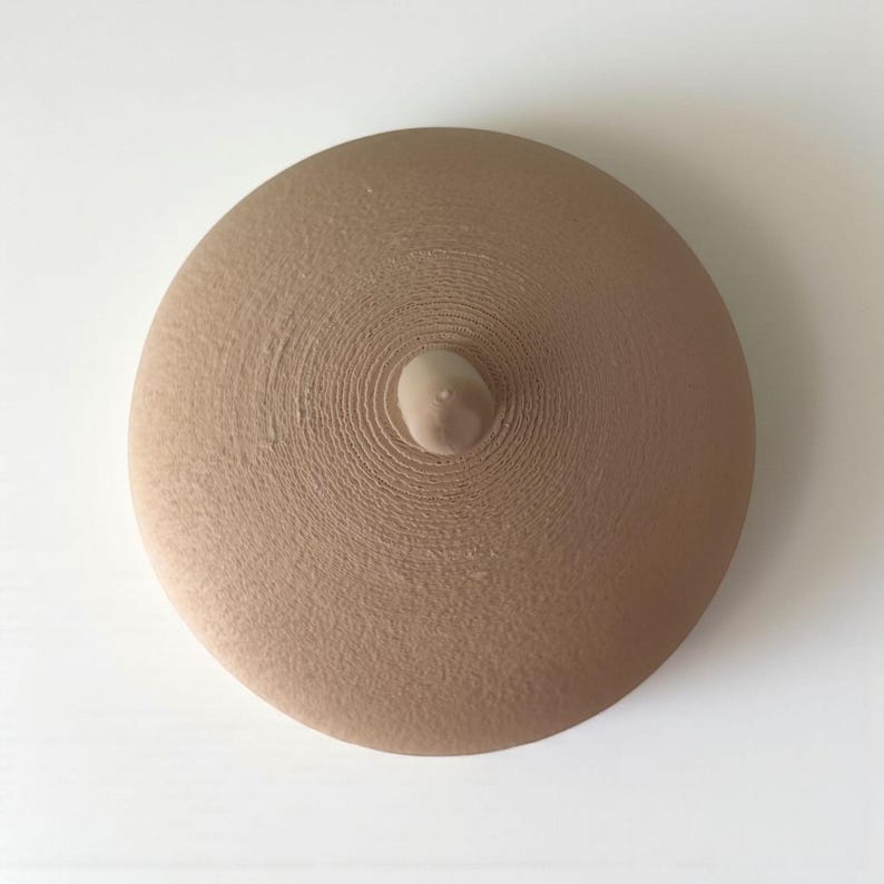 May include: A beige-colored, circular object with a central, raised, nipple-like protrusion. The surface of the object has a textured, concentric-circle pattern. The object is set against a plain white background.