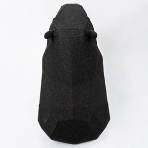 May include: A black, geometric sculpture of an animal head, possibly a horse or a similar mammal. The sculpture has a textured surface and is set against a white background. The ears are small and rounded.