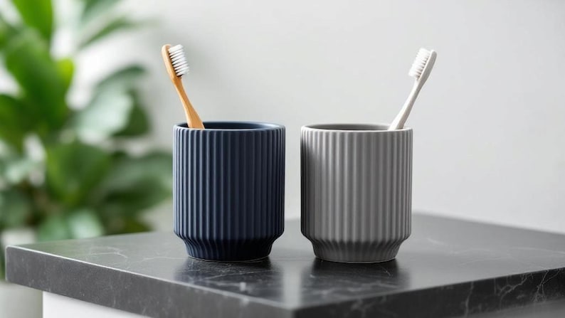 May include: Two ceramic toothbrush holders, one navy blue and one gray, each with vertical ribbed detailing. A wooden toothbrush is in the blue holder, and a white toothbrush is in the gray holder. The holders sit on a dark countertop.