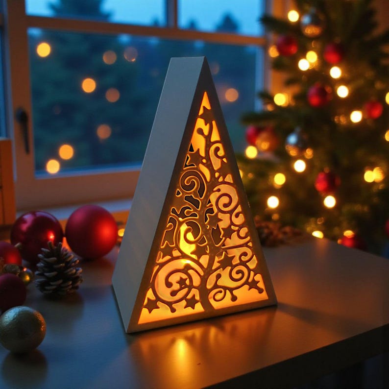 May include: A wooden, triangular Christmas tree-shaped light with intricate cut-out designs. The warm, glowing light shines through the cut-outs, creating a festive ambiance. Red ornaments and a Christmas tree are visible in the background.