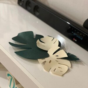 May include: Three decorative paper Monstera leaves in dark green and cream colors. The leaves are arranged on a white surface, with a black soundbar in the background. The leaves are cut with detailed edges.