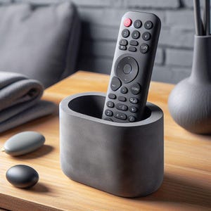 May include: A dark gray concrete remote control holder with a black remote control inside. The remote has multiple buttons and a red power button. The holder is oval-shaped and sits on a wooden surface. Decorative items are in the background.