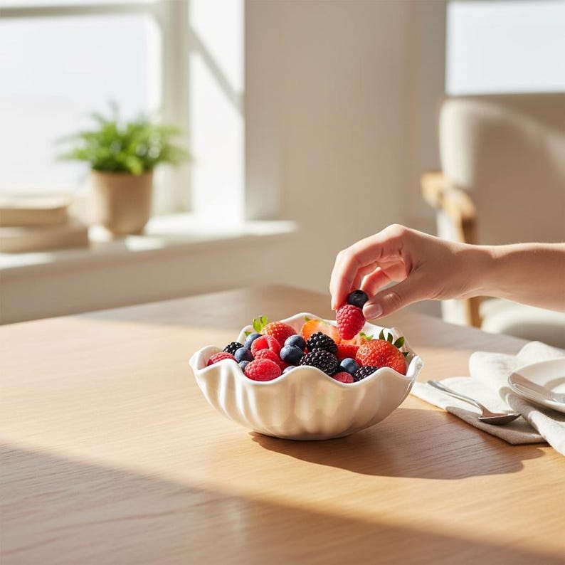 May include: A white, scalloped-edge bowl filled with fresh berries, including strawberries, raspberries, and blueberries. A hand reaches in to pick a berry. The bowl sits on a light-colored wooden table.