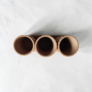 May include: A terracotta-colored, three-section planter with a textured, organic design. The cylindrical openings are evenly spaced and set within a rectangular base. The planter is viewed from above against a white background.