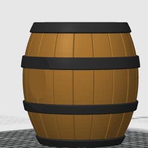 May include: A wooden barrel with vertical planks and three black bands. The barrel has a rounded shape and is likely used for storage or decoration. The wood has a warm, brown tone.