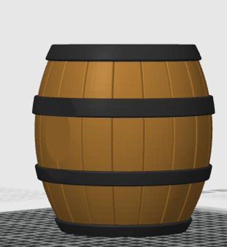 May include: A wooden barrel with vertical planks and three black bands. The barrel has a rounded shape and is likely used for storage or decoration. The wood has a warm, brown tone.