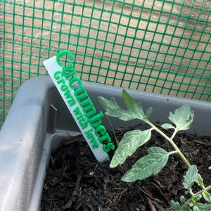 May include: A white and green plant marker in a gray planter, labeled "Cucumbers Grown with love." The marker is placed in dark soil next to a small green plant. A green mesh fence is in the background.