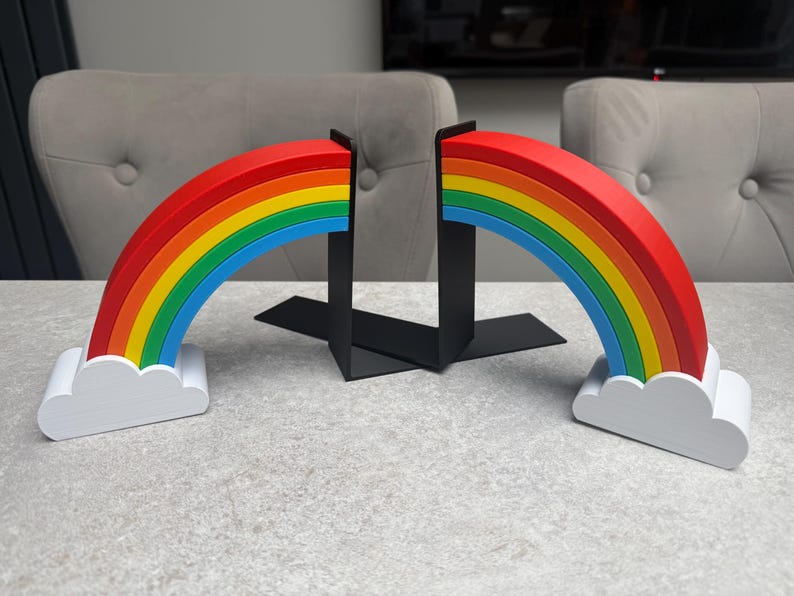 Sujetalibros arcoíris (par): Sujetalibros de nubes de colores para niños, guarderías o salas de juegos / Decoración de estantería arcoíris impresa en 3D imagen 3