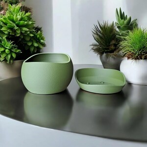 May include: Two sage green ceramic planters, one spherical with a curved opening and the other a shallow oval. The planters sit on a reflective surface, with various potted plants in the background. The planters are a modern, minimalist design.