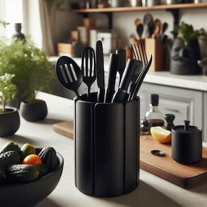 May include: A black kitchen utensil holder filled with various cooking tools, including a slotted spoon, knife, and fork. The holder is cylindrical with vertical grooves. A bowl of vegetables and a small black container are also visible.