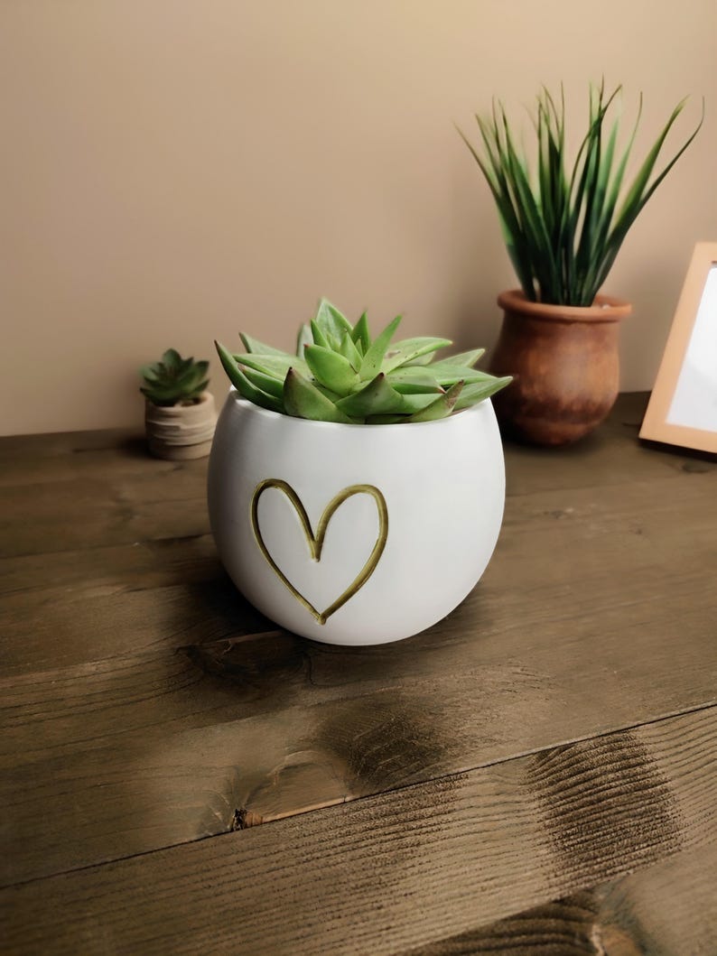 Op de afbeelding: Een witte, ronde keramische plantenbak met een gouden hartontwerp, met een groene vetplant. Andere planten in terracotta potten zijn zichtbaar, wat een natuurlijk, decoratief thema cre&euml;ert.