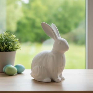May include: A white ceramic rabbit figurine with long ears and a textured body. The bunny is sitting on a wooden surface, with a green plant and painted eggs in the background. The figurine is a decorative item.