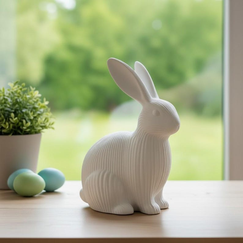 May include: A white ceramic rabbit figurine with long ears and a textured body. The bunny is sitting on a wooden surface, with a green plant and painted eggs in the background. The figurine is a decorative item.