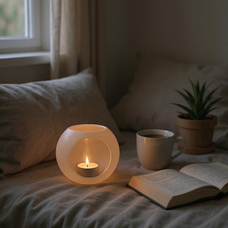 May include: A lit candle in a white spherical holder sits on a bed with a book, a mug of tea, and a potted plant. The candle flame glows, casting a warm light. The scene evokes a sense of relaxation and comfort.
