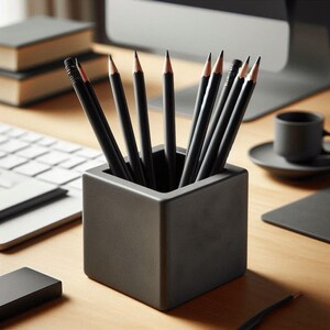 Pu&ograve; includere: Un portapenne quadrato grigio scuro pieno di matite nere con punte affilate. Le matite sono disposte in modo ordinato. Il portapenne &egrave; su una superficie di legno chiaro, con una tastiera e libri sullo sfondo.