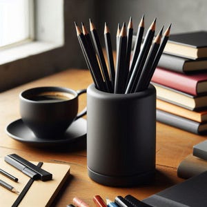 May include: A black ceramic pencil holder filled with sharpened black pencils. A black coffee cup and saucer sit to the left, with a stack of books in the background. The pencils have a natural wood tip.