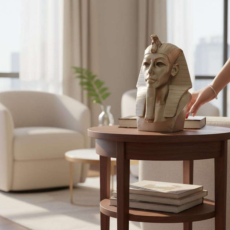 May include: A gold-colored bust of an Egyptian pharaoh sits on a dark brown round table. The bust has a detailed headdress and facial features. The table also holds books. The background includes a white armchair and a window with sheer curtains.
