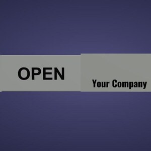 May include: A gray rectangular box with the word "OPEN" in black text on the left side and "Your Company" in black text on the right side. The background is a solid dark blue.