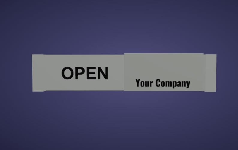 May include: A gray rectangular box with the word "OPEN" in black text on the left side and "Your Company" in black text on the right side. The background is a solid dark blue.