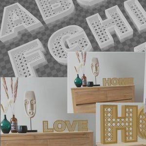 May include: The image showcases decorative wooden letters and words, including "HOME" and "LOVE", with a woven rattan-style design. The letters are displayed on a wooden surface, alongside vases and decorative masks. The letters are in a light brown color.