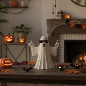 May include: A Halloween-themed display featuring a white ghost figurine wearing sunglasses, with its hands in a rock-and-roll gesture. The scene includes lit jack-o'-lanterns, bat figurines, and autumn leaves on a wooden table.