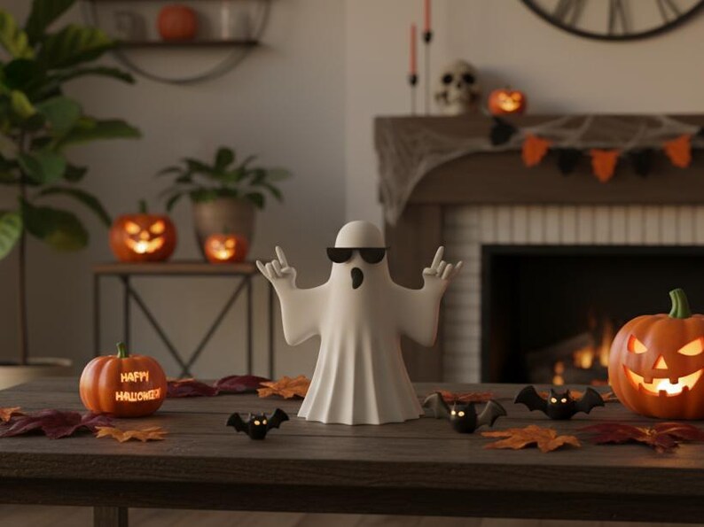 May include: A Halloween-themed display featuring a white ghost figurine wearing sunglasses, with its hands in a rock-and-roll gesture. The scene includes lit jack-o'-lanterns, bat figurines, and autumn leaves on a wooden table.