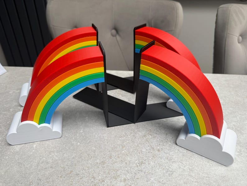 Sujetalibros arcoíris (par): Sujetalibros de nubes de colores para niños, guarderías o salas de juegos / Decoración de estantería arcoíris impresa en 3D imagen 5