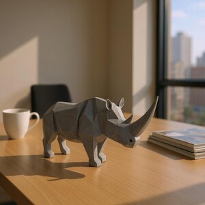 May include: A gray, geometric rhino sculpture with a prominent horn stands on a wooden desk. The rhino is made of angular shapes, giving it a modern, artistic look. A white mug sits to the left.