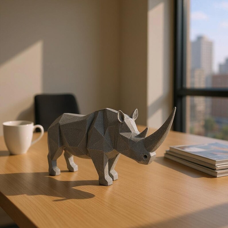 May include: A gray, geometric rhino sculpture with a prominent horn stands on a wooden desk. The rhino is made of angular shapes, giving it a modern, artistic look. A white mug sits to the left.