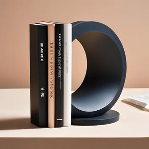 May include: A modern, dark blue bookend with a circular design supports a stack of books. The books are in various colors, including black, white, and beige. The bookend is on a light-colored surface, with a neutral background.