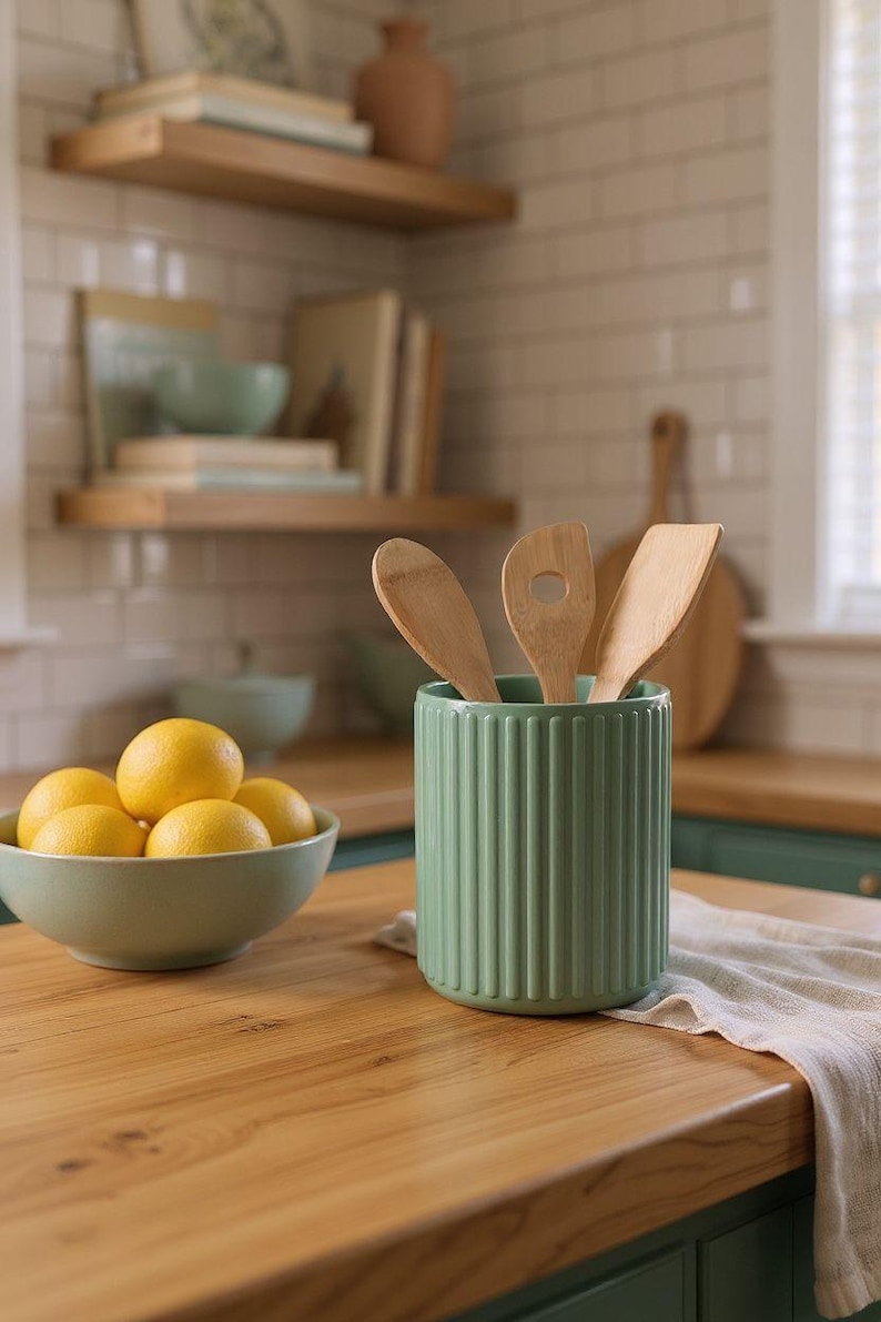 May include: A kitchen scene with a green ceramic utensil holder containing wooden spoons and spatulas. A bowl of yellow lemons sits next to the holder on a wooden countertop. Shelves and a window are in the background.