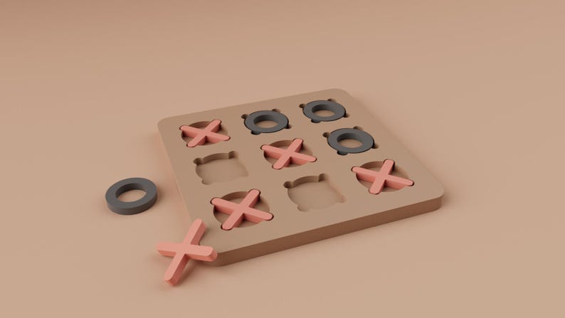K&ouml;nnte beinhalten: Ein h&ouml;lzernes Tic-Tac-Toe-Spiel mit einem beigen Brett und rosa X'en. Die O's sind dunkelgraue Ringe. Ein O und ein X sind vom Brett getrennt. Ein klassisches Spiel f&uuml;r Kinder und Erwachsene.