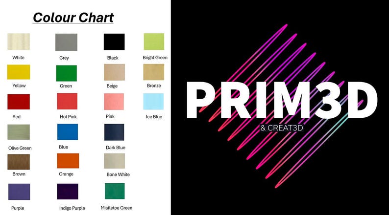 May include: Color chart with a variety of color swatches, including white, grey, black, bright green, yellow, green, beige, bronze, red, hot pink, pink, ice blue, olive green, blue, dark blue, brown, orange, bone white, purple, indigo purple, and mistletoe green. The text "PRIM3D & CREAT3D" is also displayed.