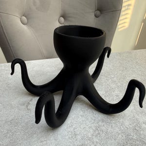May include: A black octopus-shaped planter with a round opening and eight curved tentacles. The planter is made of a matte material and sits on a light grey surface. The tentacles are evenly spaced and curl upwards.