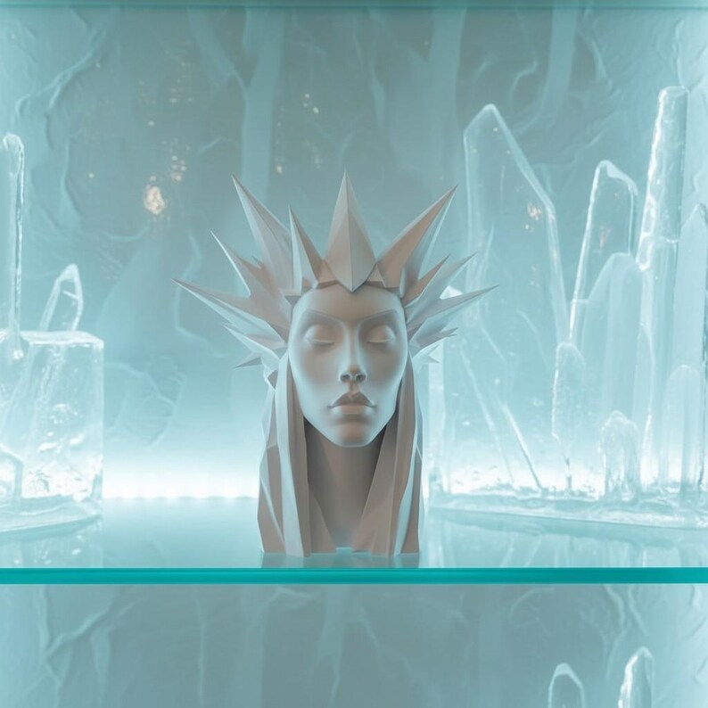 May include: A white sculpture of a woman's head with a crown of sharp points, set against a backdrop of icy blue crystals. The sculpture has closed eyes and long, flowing hair. The overall theme is a fantasy or ice queen.