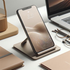 May include: A gold-colored smartphone is propped up on a matching stand, displaying a wave-patterned screen. The stand is rectangular with a small support arm. Other items on the desk include a laptop, glasses, and a notebook.