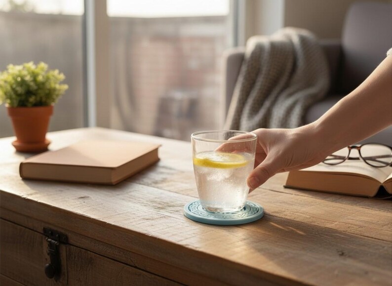 May include: A glass of water with a lemon slice on a blue coaster is held by a person. A book, eyeglasses, and a small potted plant sit on a wooden coffee table. A gray sofa and window are in the background.