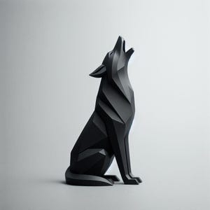 May include: A black geometric sculpture of a wolf in a howling pose. The artwork features sharp angles and a modern design, with the wolf sitting upright. The sculpture is a solid black color and is set against a plain background.