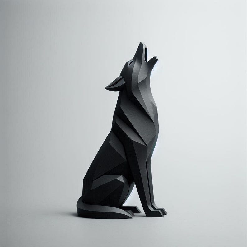 May include: A black geometric sculpture of a wolf in a howling pose. The artwork features sharp angles and a modern design, with the wolf sitting upright. The sculpture is a solid black color and is set against a plain background.