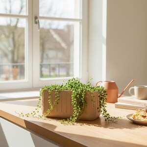 May include: A rectangular, light-colored planter filled with a trailing green plant. The planter sits on a wooden surface near a window. A watering can, mug, and books are also visible.
