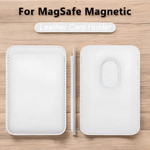 May include: White leather card holder for MagSafe magnetic devices. The image shows the front, side, and back of the card holder. The back has a finger grip. The text on the image says "For MagSafe Magnetic Leather Card Holder."