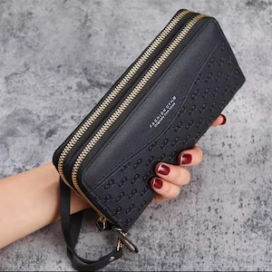 2025 Nuevo monedero de mujer con cremallera larga, cartera de moda con relieve, monedero de bolsillo para teléfono móvil de gran capacidad
